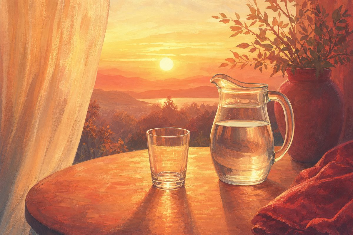 Vaso vacío y una jarra de agua sobre una mesa iluminada por la luz de la mañana, símbolo de una mañana con la mente despejada