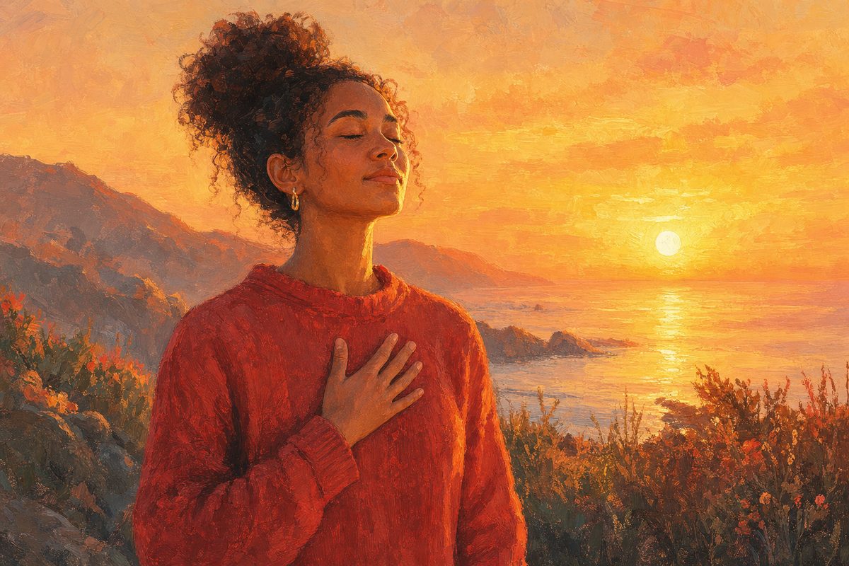 Persona respirando con calma al aire libre al amanecer, símbolo de técnicas de control de la ansiedad