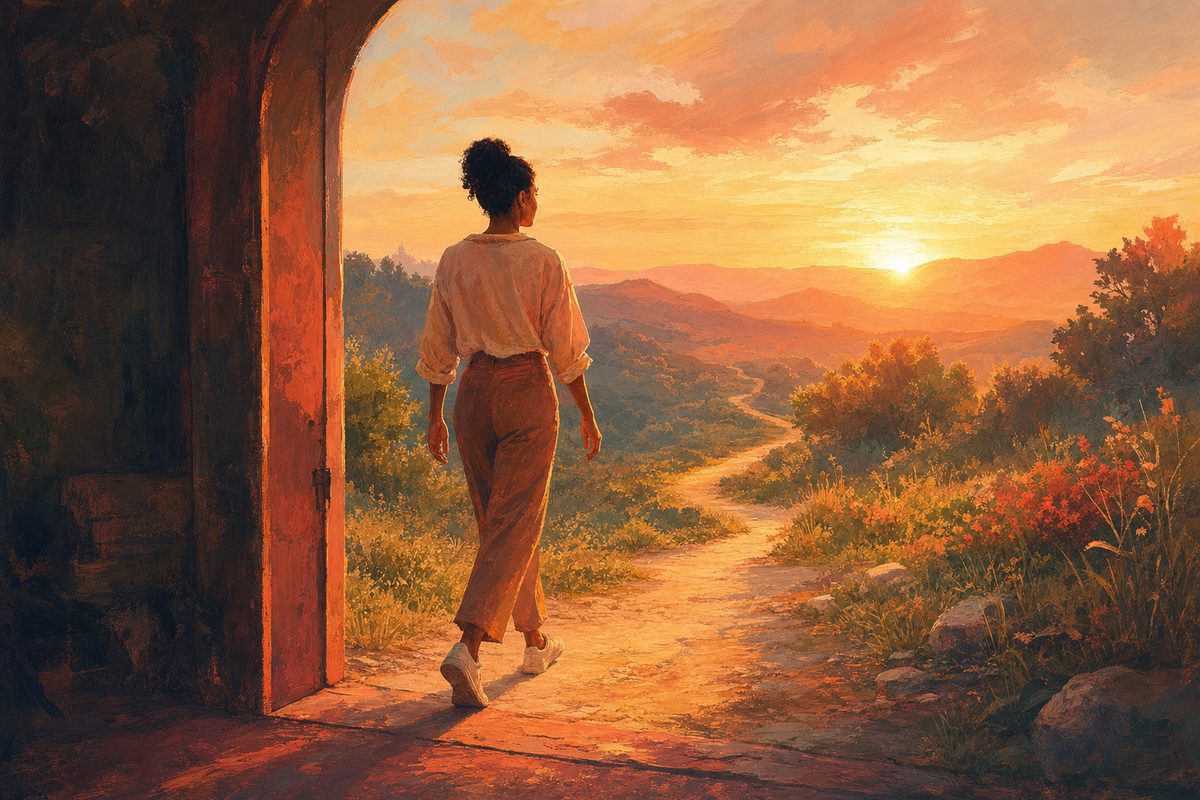 Persona caminando con calma hacia la luz del día, símbolo de dejar atrás el juego y avanzar hacia un nuevo camino