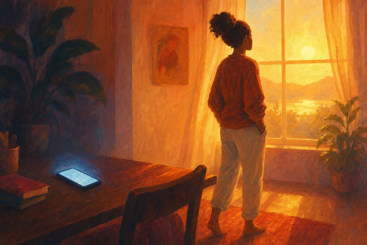 Persona alejándose del resplandor de la pantalla del móvil hacia la luz de una ventana, símbolo de reconocer el problema y dar un paso atrás