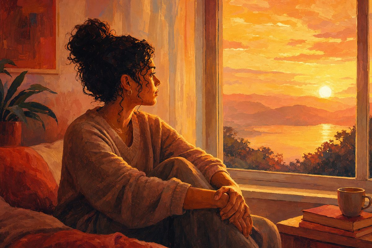 Persona sentada junto a una ventana al amanecer, en actitud reflexiva, símbolo de reconocer honestamente un patrón