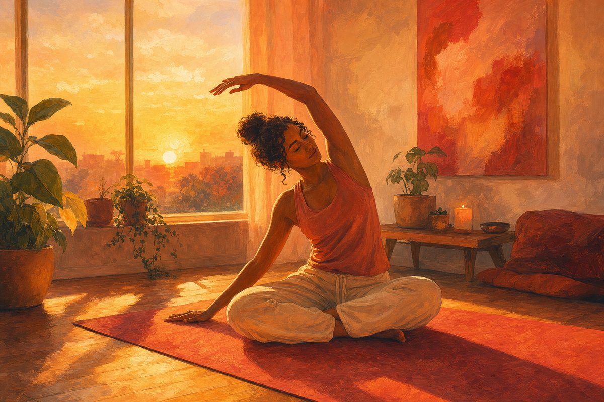 Persona haciendo un estiramiento suave en una habitación iluminada por el sol, símbolo de una práctica diaria de relajación