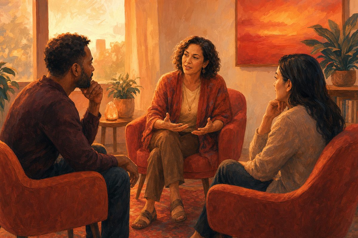 Grupo familiar conversando en círculo en una sala cálida, símbolo de una sesión de terapia familiar