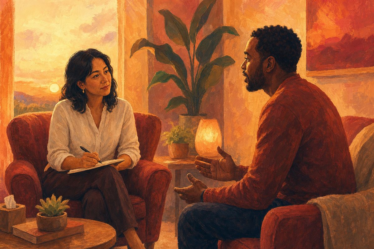 Dos personas conversando en una sesión de terapia, símbolo de acompañamiento profesional en el tratamiento