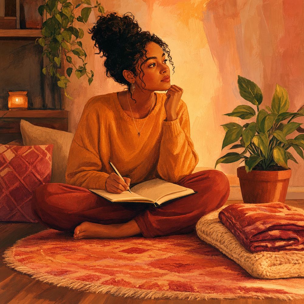 Mujer escribiendo en un diario en un ambiente cálido y acogedor, símbolo de reconstruir el equilibrio diario