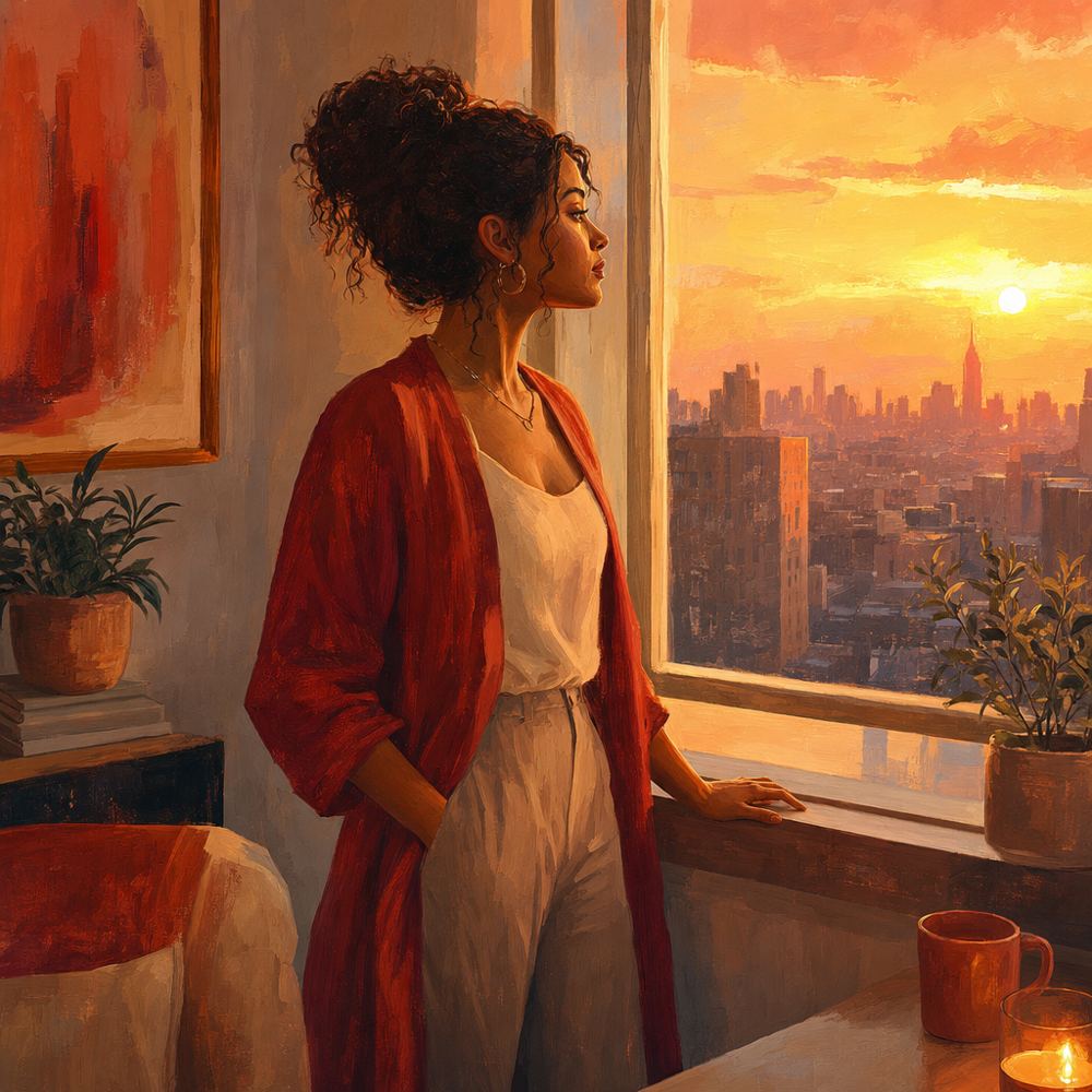 Mujer mirando por la ventana al amanecer, símbolo de claridad y decisión