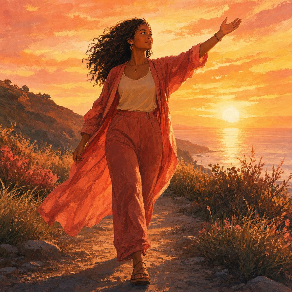 Mujer caminando hacia el amanecer, símbolo de esperanza y recuperación