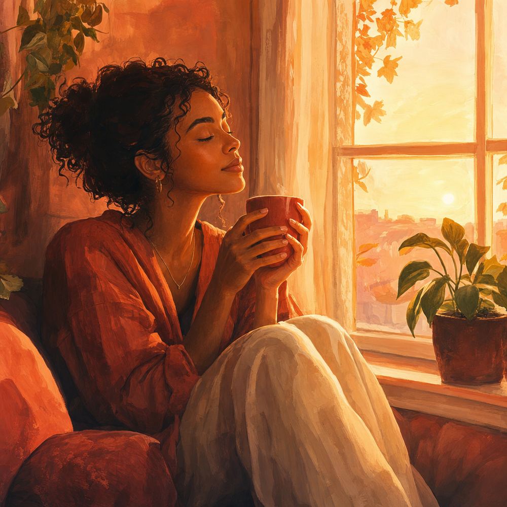 Mujer disfrutando de un momento de autocuidado y calma junto a una ventana